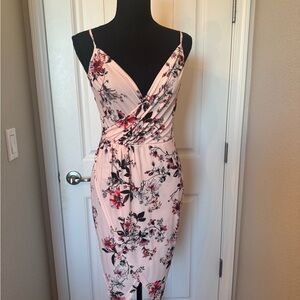 Floral Wrap-Style Pink Spaghetti Strap Dress